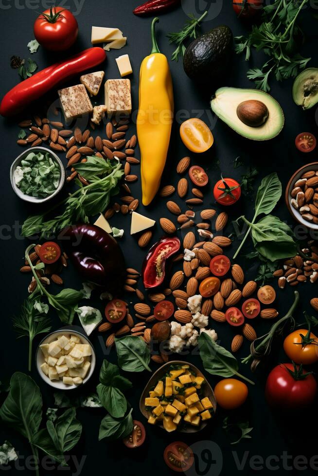 various types of vegetables and nuts on a black background generative ai photo