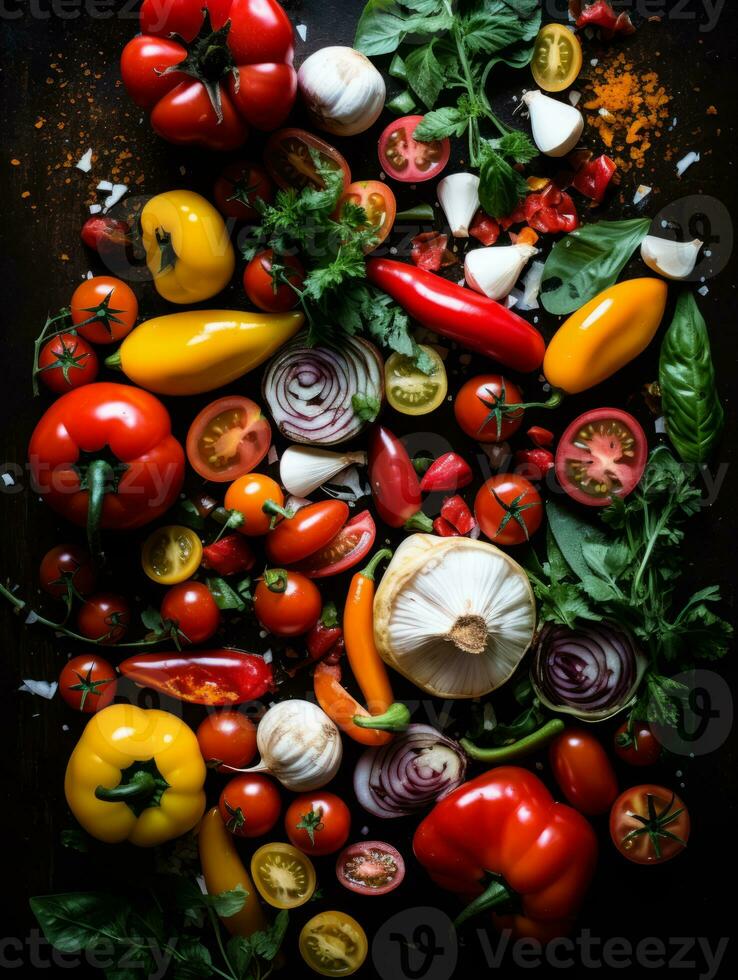 various vegetables and herbs on a black background generative ai photo