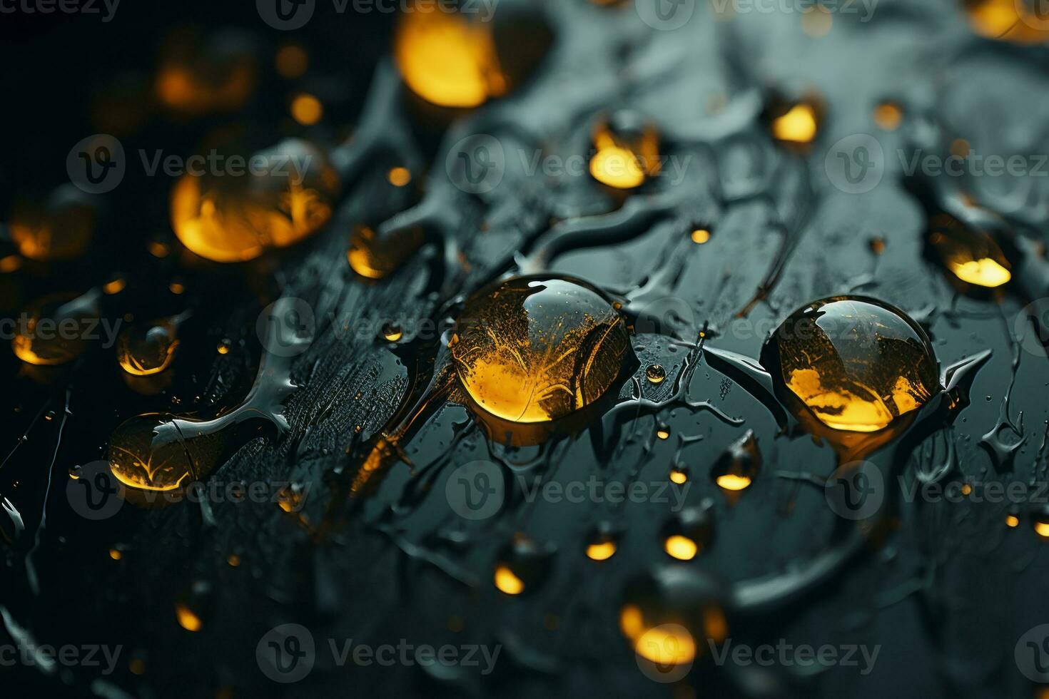 water droplets on a black surface with yellow lights generative ai photo
