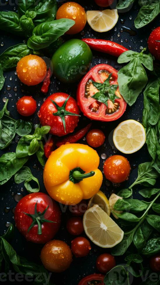 various vegetables and tomatoes on a black background generative ai photo