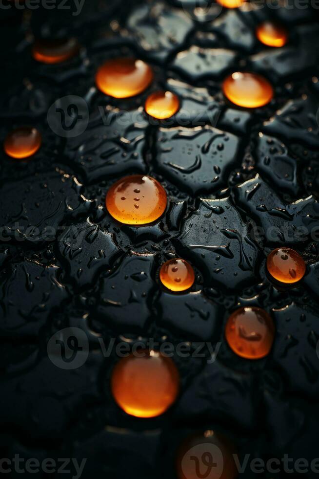 water droplets on a black surface with orange lights generative ai photo