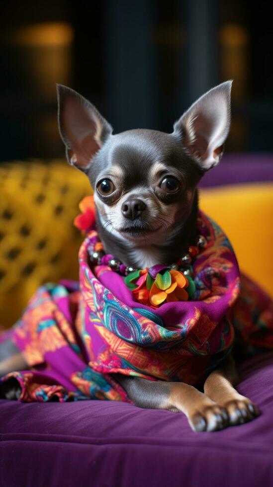 A content Chihuahua laying on a couch with a patterned leash photo