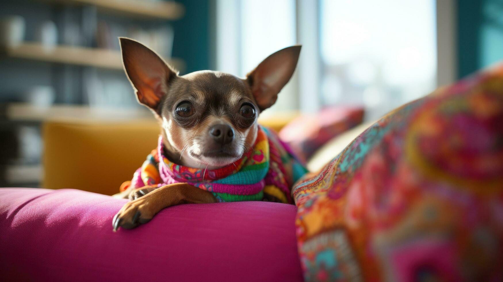 A content Chihuahua laying on a couch with a patterned leash photo