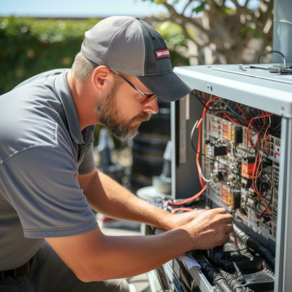 HVAC technician servicing an air conditioning unit photo