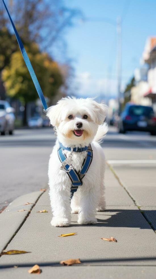 A white Maltese walking on a city sidewalk with a blue leash photo