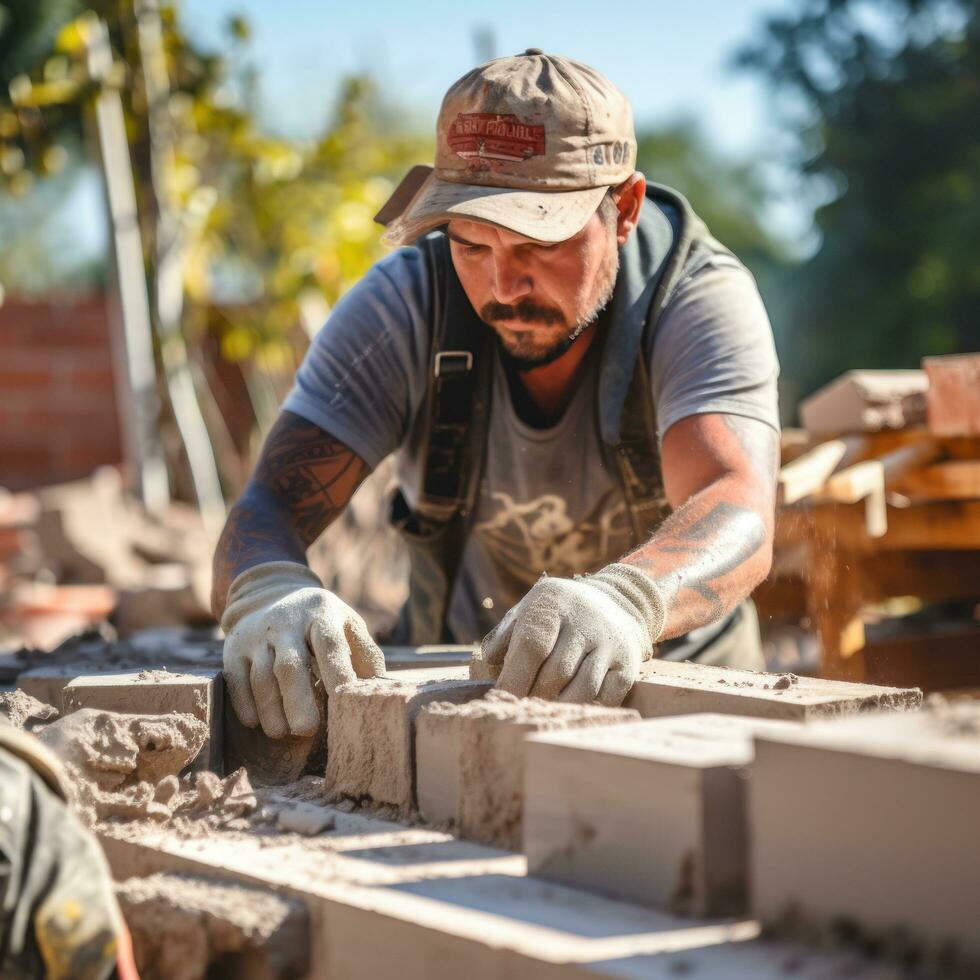Mason laying bricks to build a wall photo
