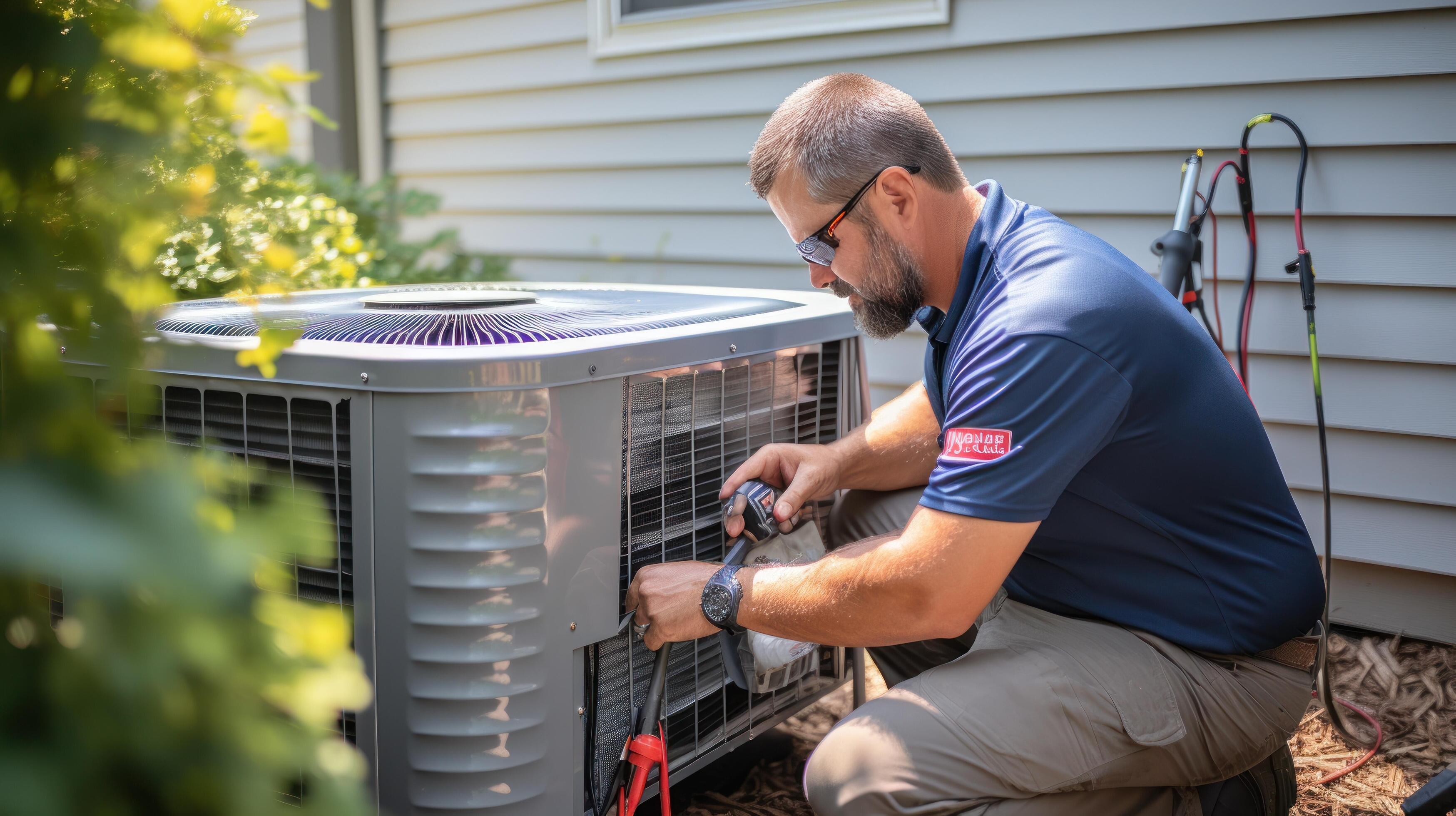 HVAC technician servicing an air conditioning unit 32129786 Stock Photo