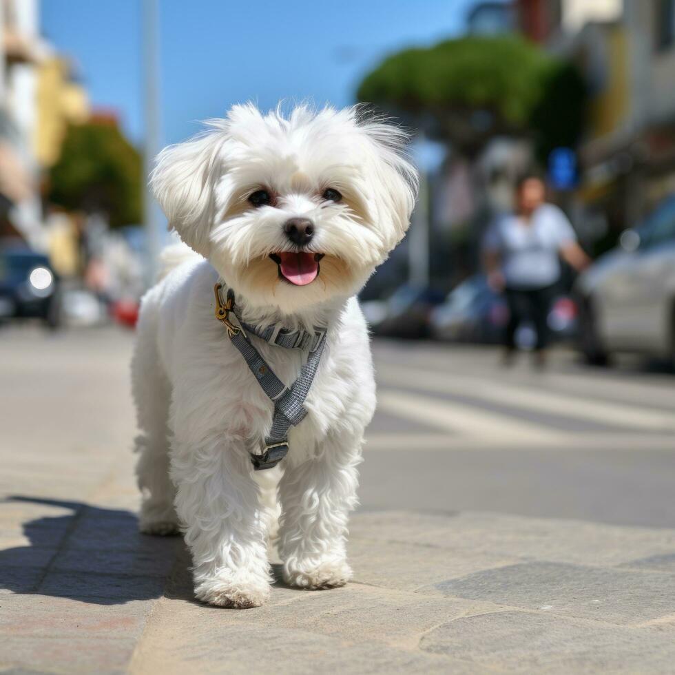 A white Maltese walking on a city sidewalk with a blue leash photo