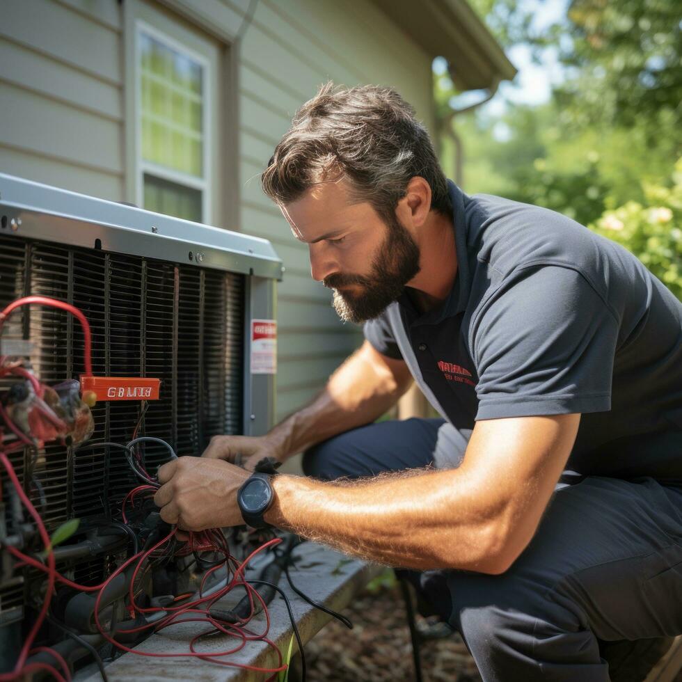 HVAC technician servicing an air conditioning unit photo