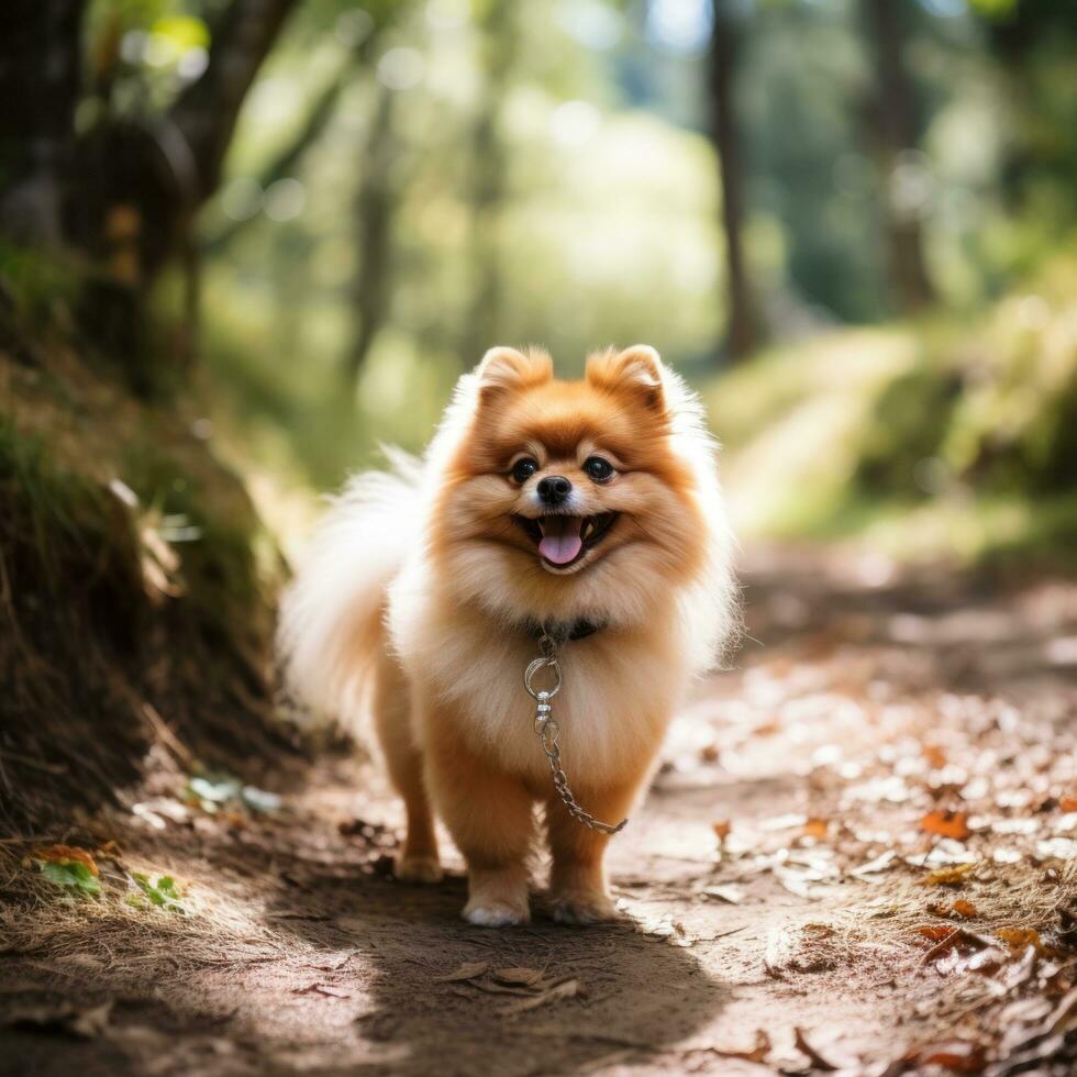 A fluffy Pomeranian walking on a forest trail with a green leash photo