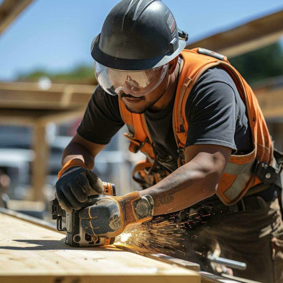 construcción trabajador utilizando un poder perforar en un trabajo sitio foto