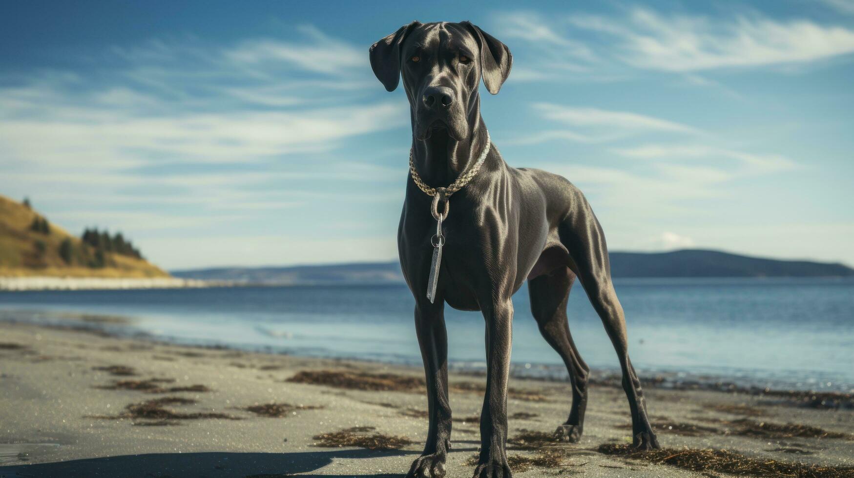 A majestic Great Dane standing on a beach with a black leash photo