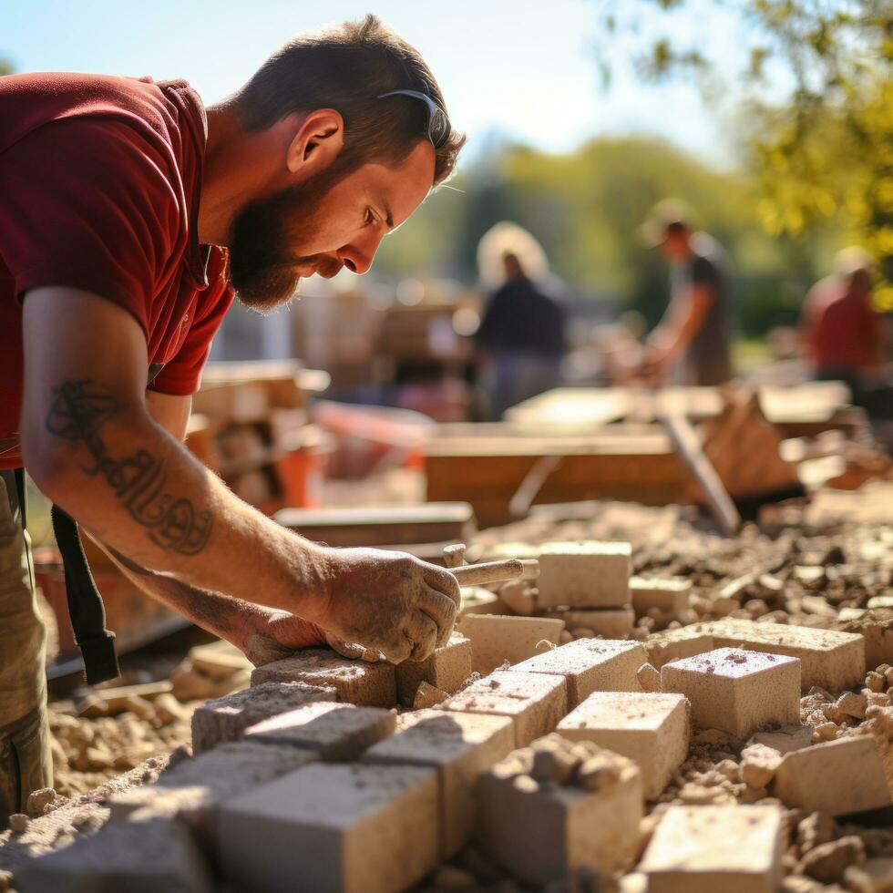 Mason laying bricks to build a wall photo