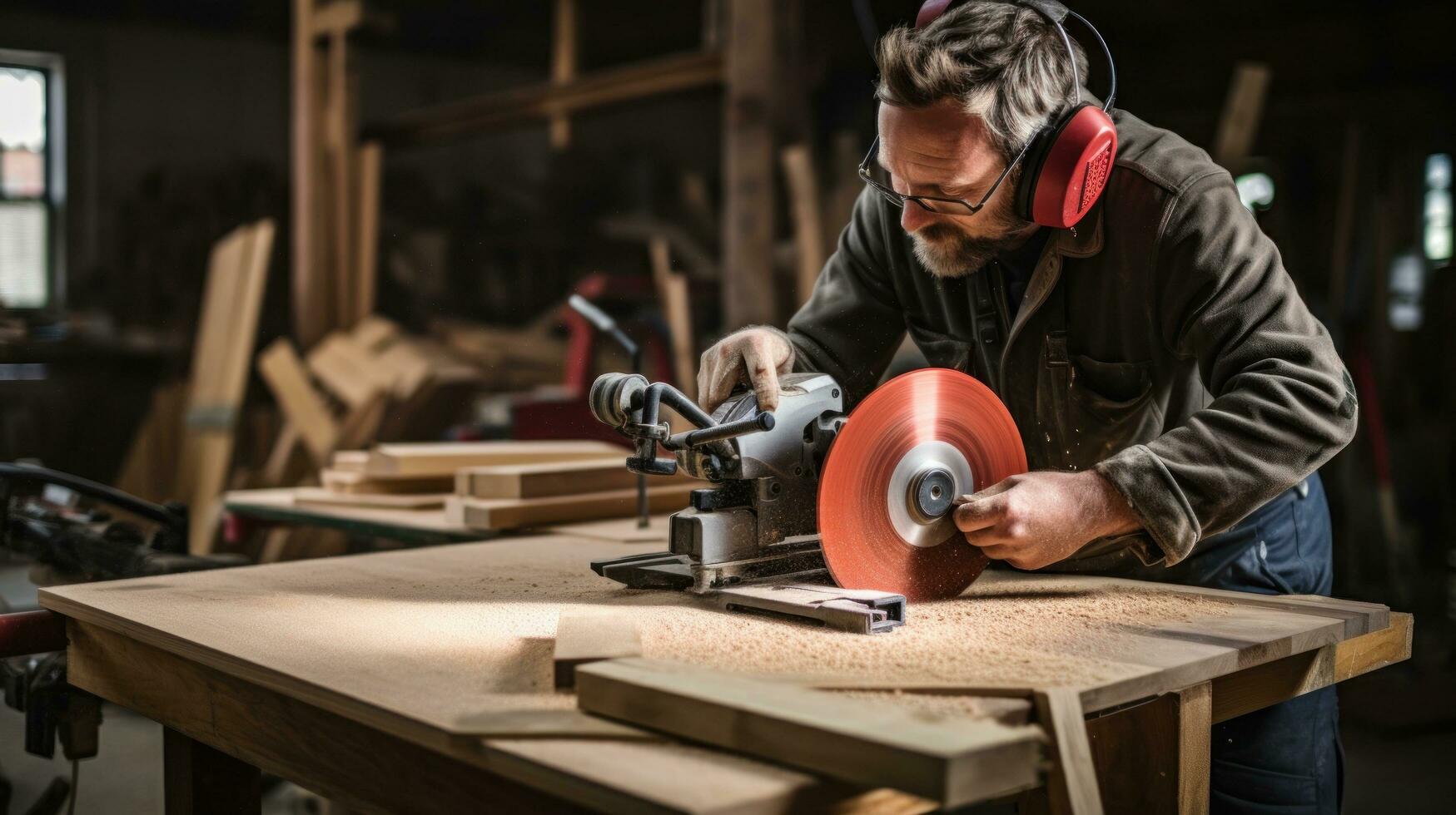 Carpenter cutting wood with a circular photo