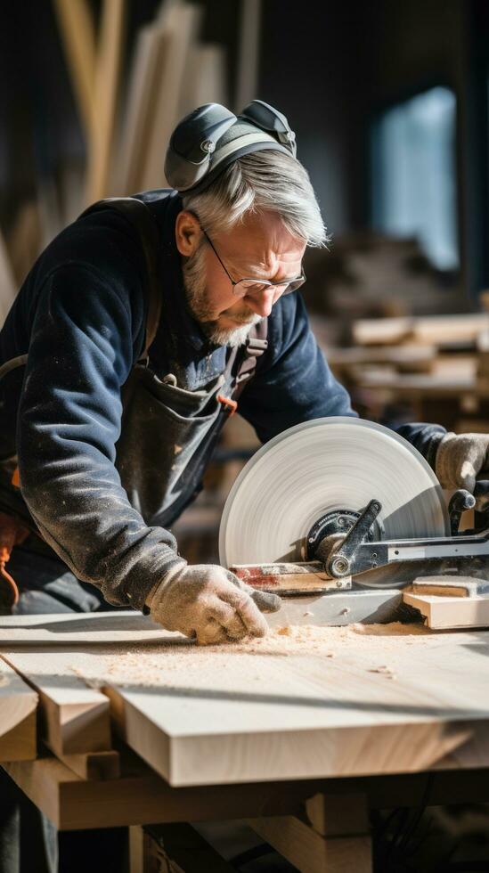 Carpenter cutting wood with a circular photo