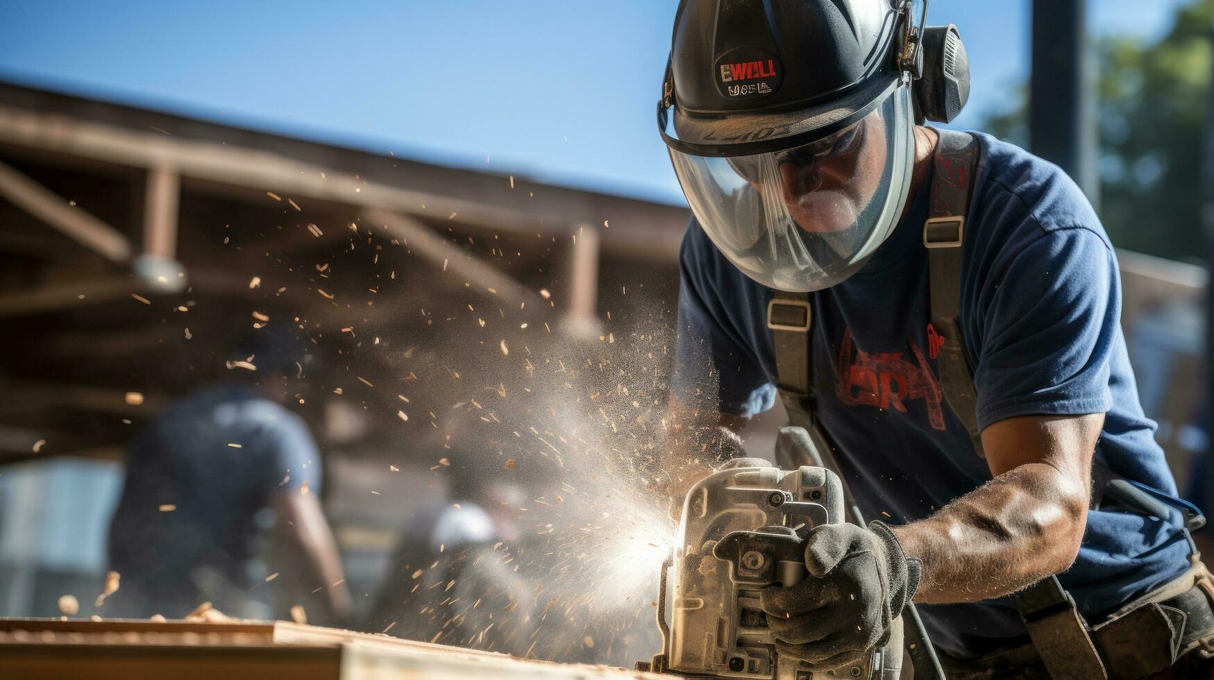 Construction worker using a power drill on a job site photo