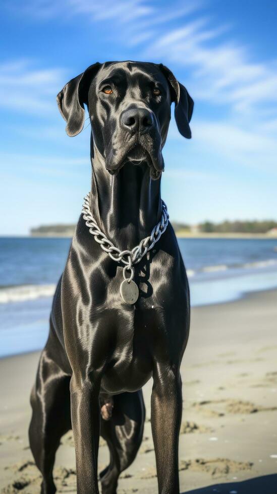 A majestic Great Dane standing on a beach with a black leash photo