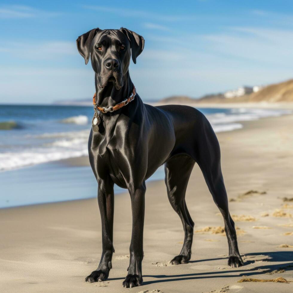 un majestuoso genial danés en pie en un playa con un negro Correa foto