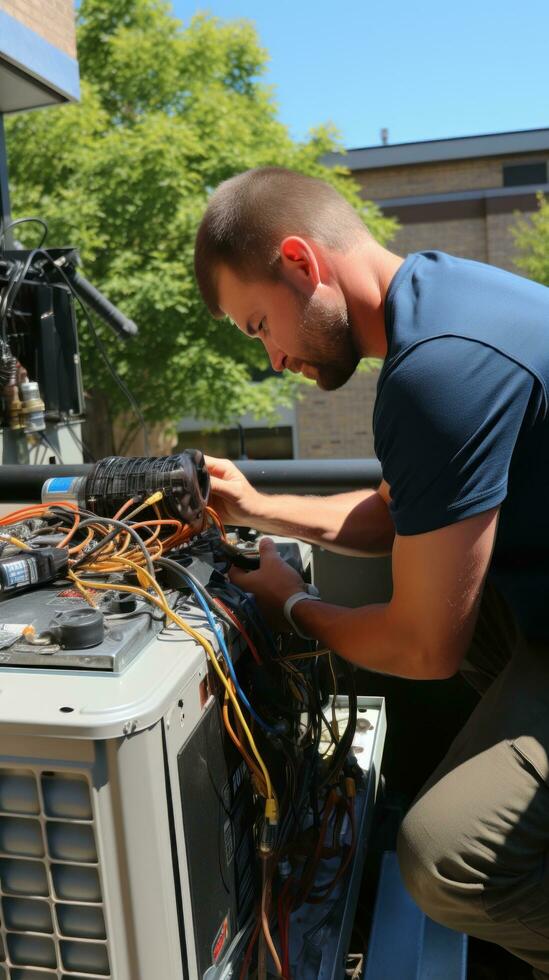 HVAC technician servicing an air conditioning unit photo