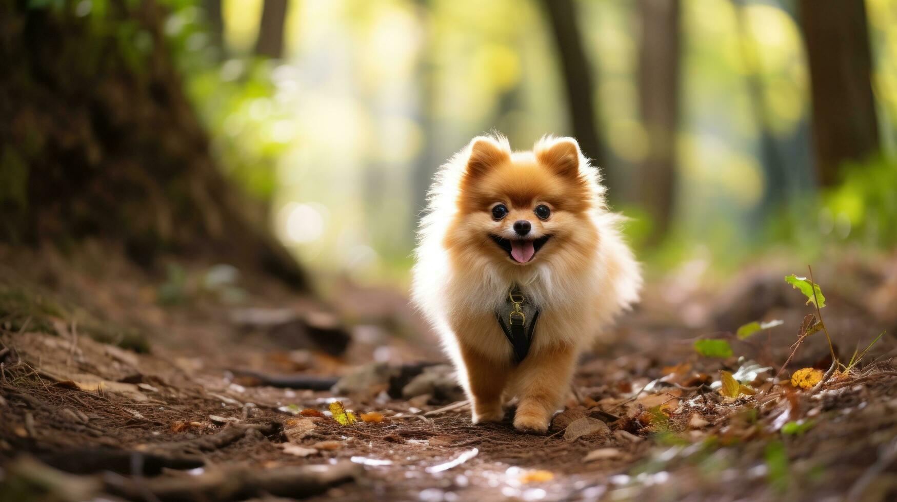 un mullido pomeranio caminando en un bosque sendero con un verde Correa foto