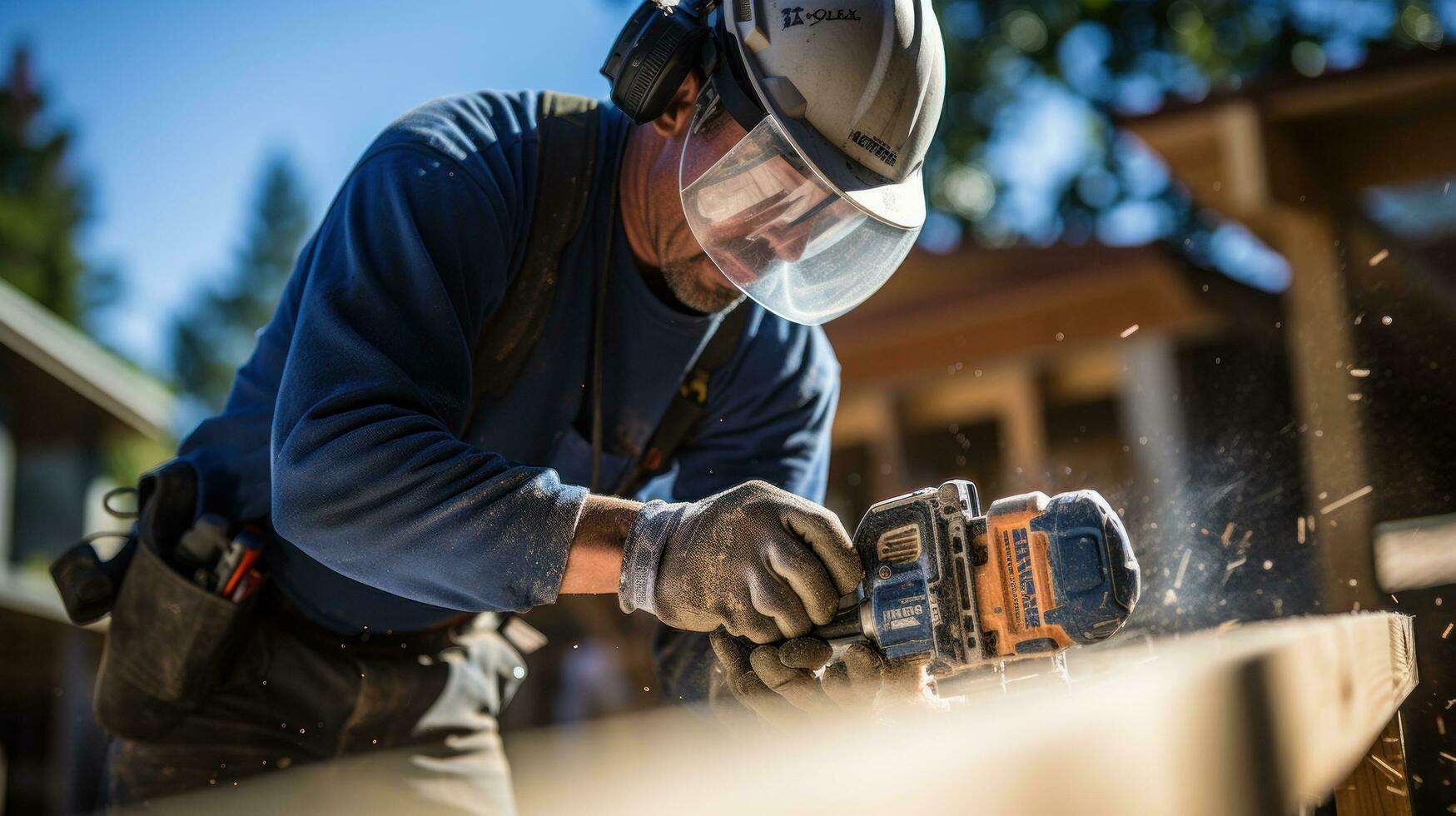 Construction worker using a power drill on a job site photo
