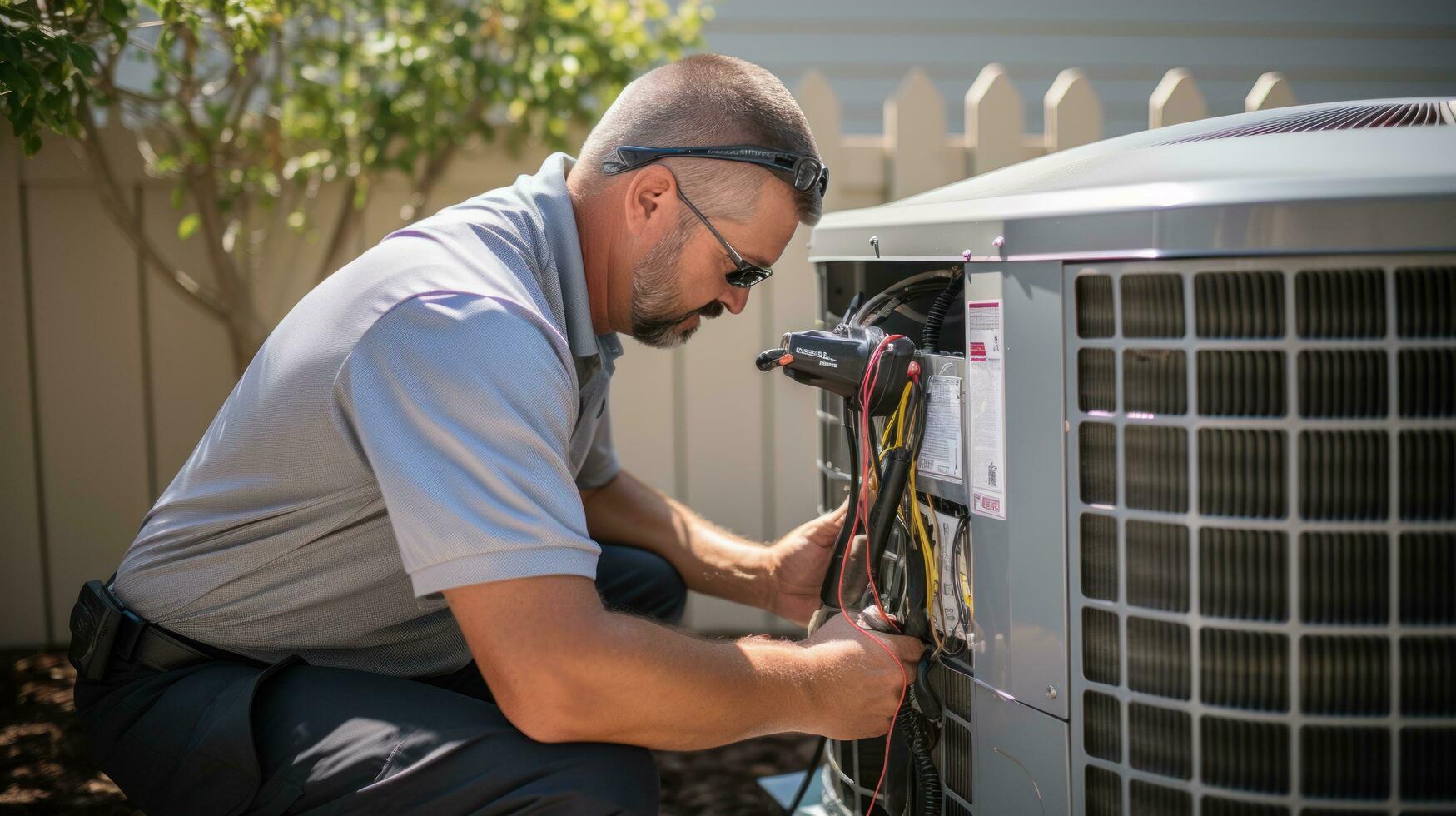 HVAC technician servicing an air conditioning unit photo