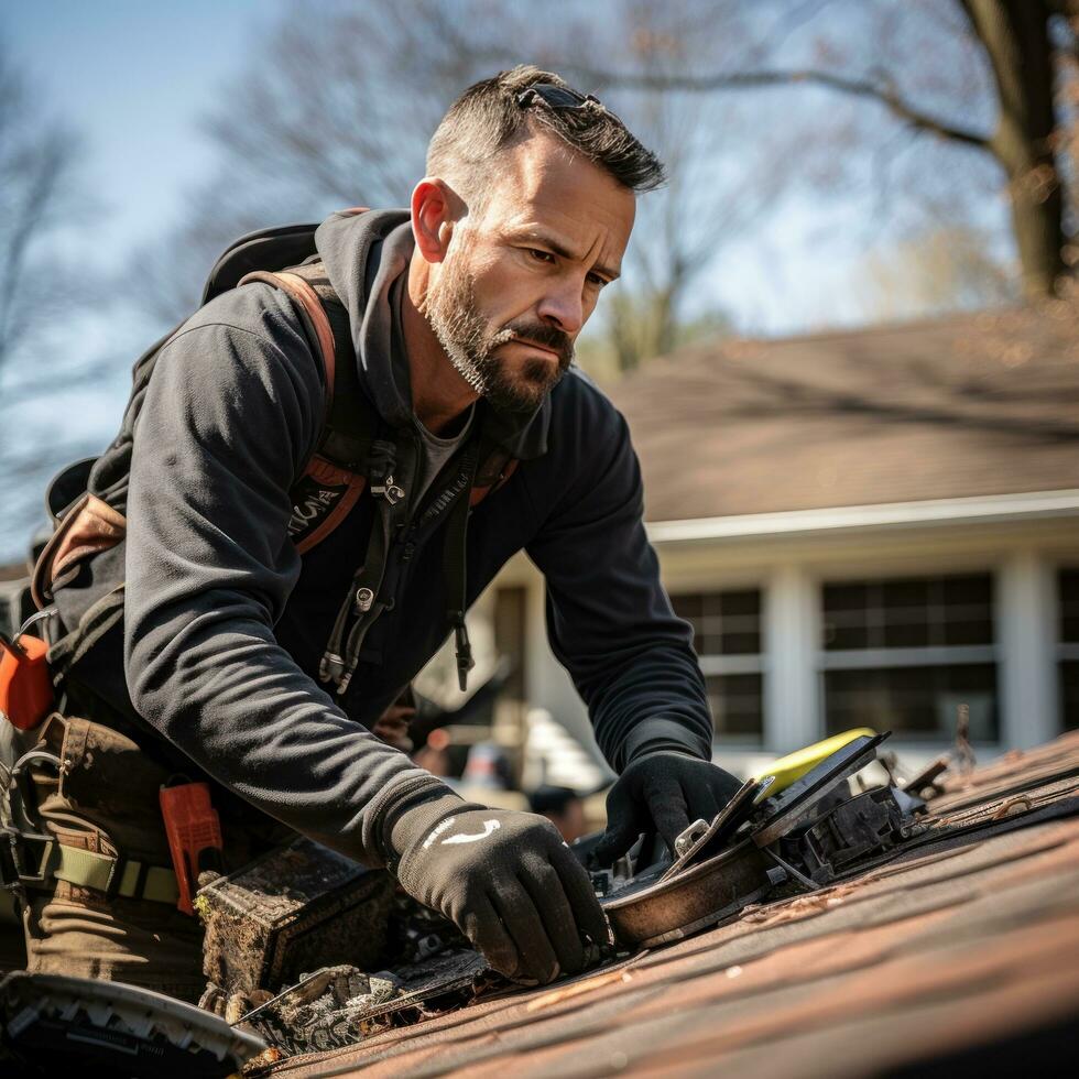 Roofing contractor repairing shingles on a house photo