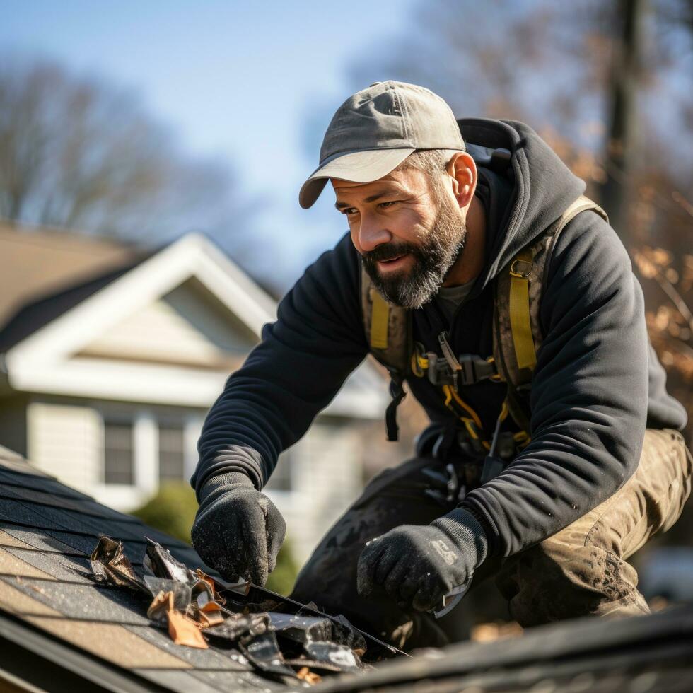 Roofing contractor repairing shingles on a house photo