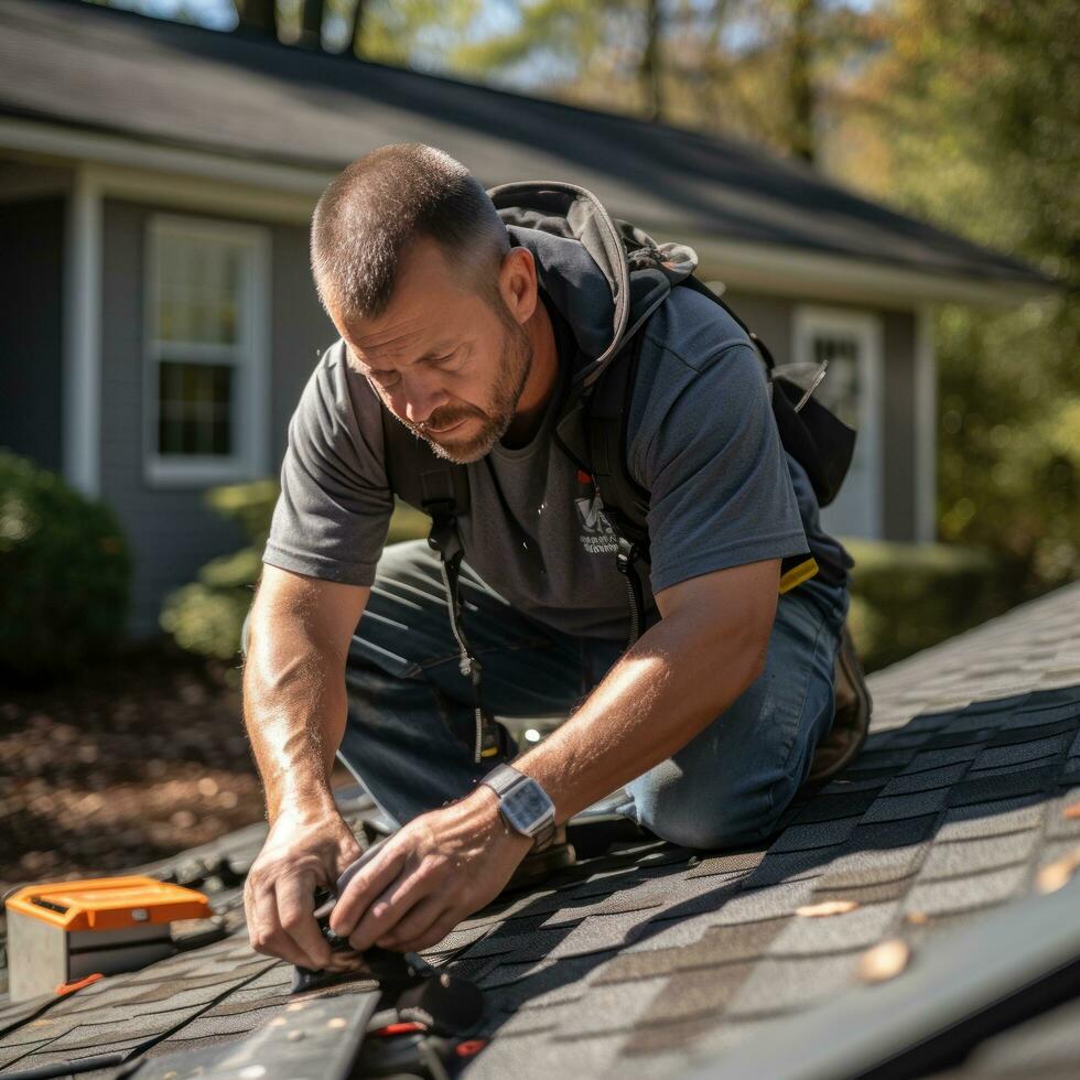 Roofing contractor repairing shingles on a house photo