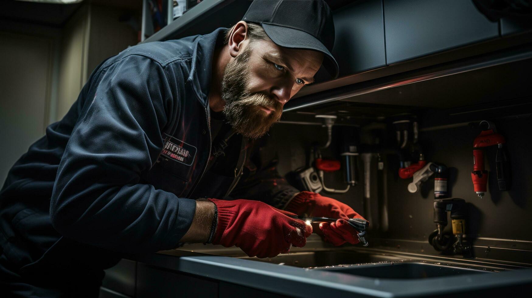 Plumber fixing a leaky faucet in a kitchen sink photo