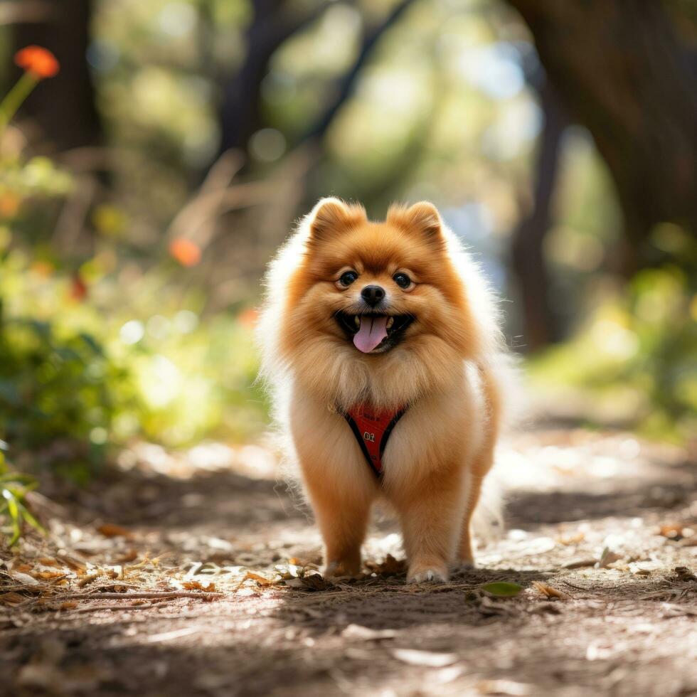 A fluffy Pomeranian walking on a forest trail with a green leash photo