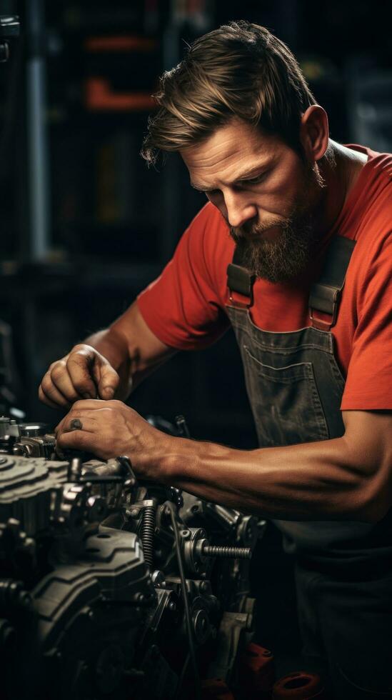 Mechanic repairing a car engine in a garage photo