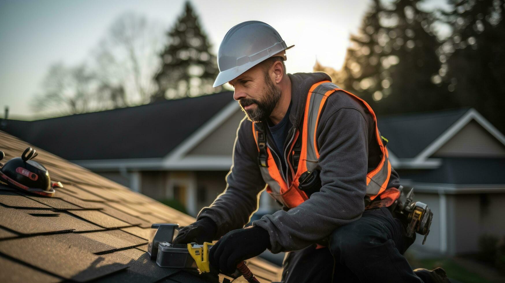 trabajador de techado con uniforme protector y guantes, herramientas para  techos, instalación de techos nuevos en construcción, taladro eléctrico  usado en techos nuevos con láminas de metal. 15632738 Foto de stock en