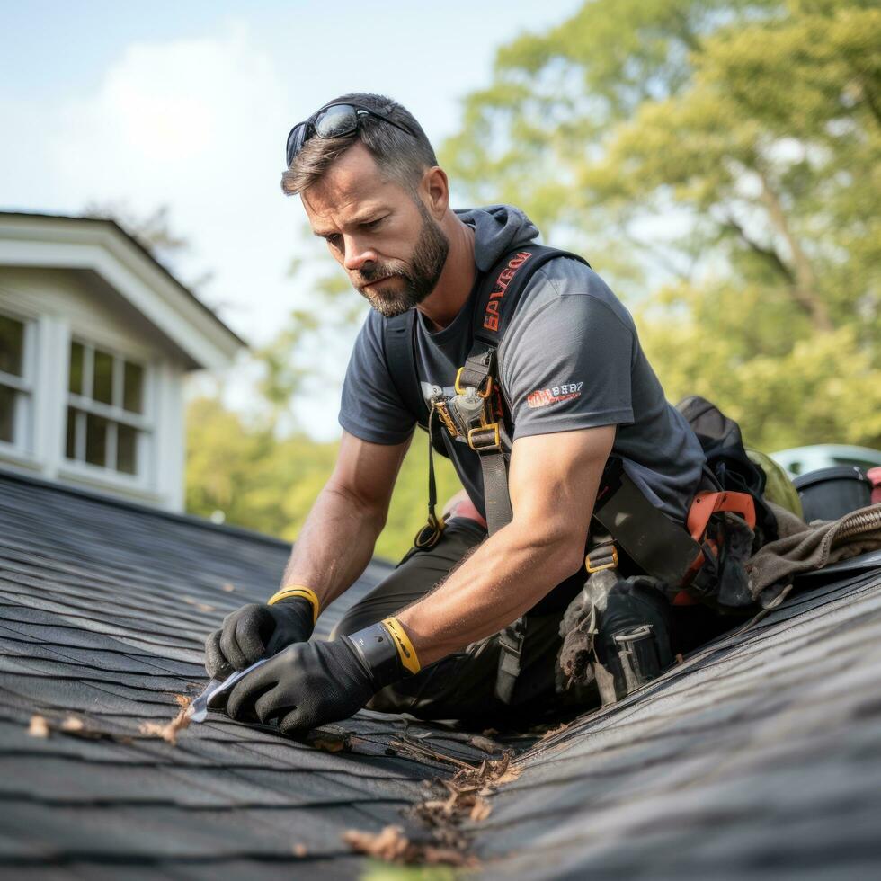 Roofing contractor repairing shingles on a house photo