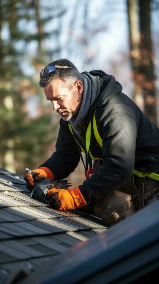 Roofing contractor repairing shingles on a house photo