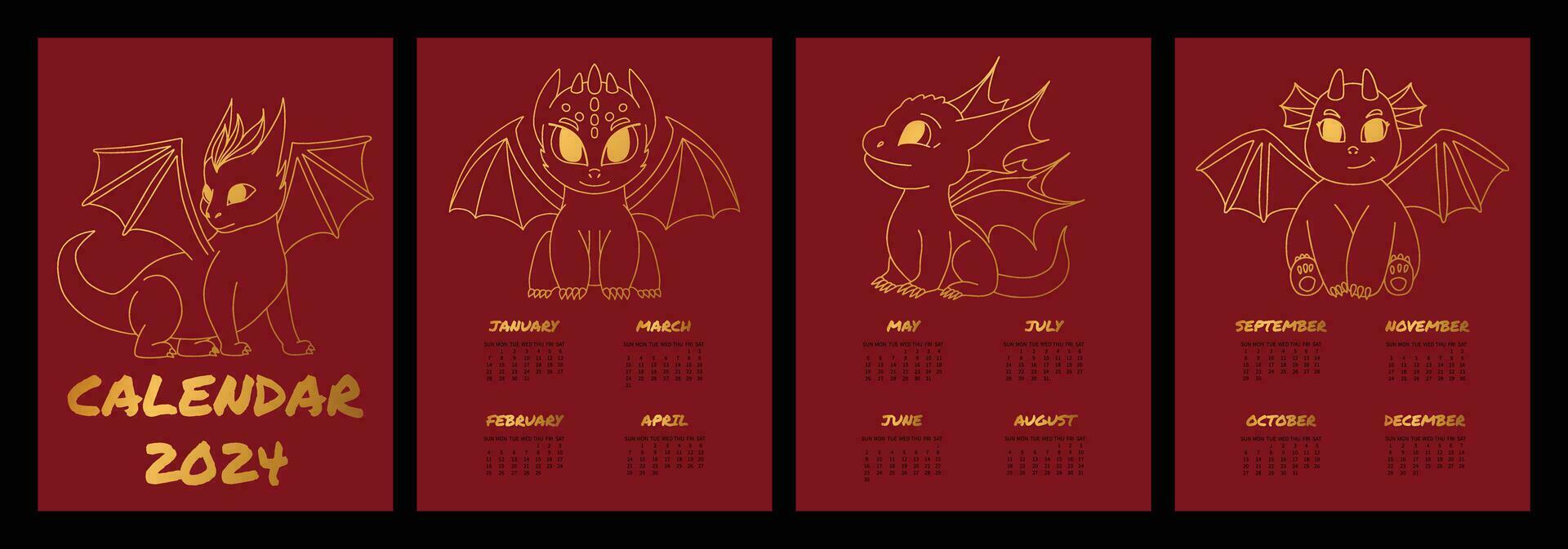 Calendar 2024. Wall calendar with cute cartoon dragons. The week starts on Sunday. Outline illustration of a dragon. Vector illustration