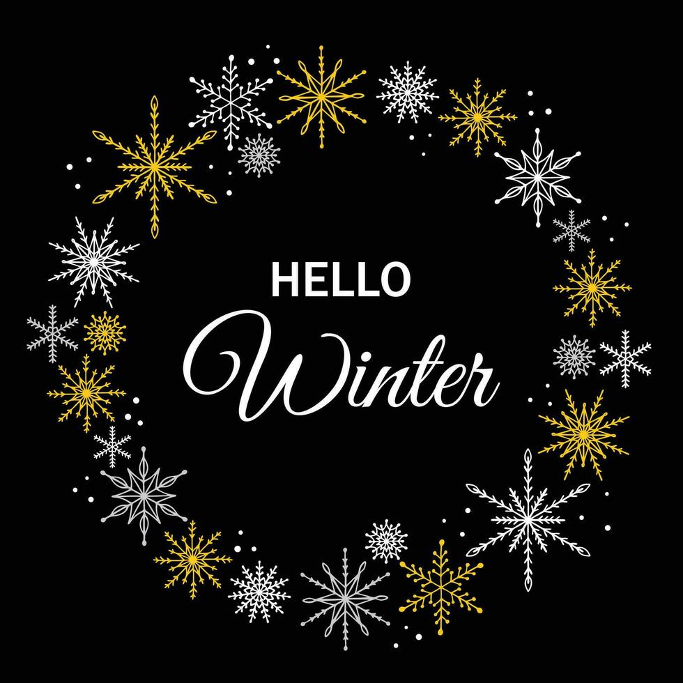 invierno saludo tarjeta diseño con mano dibujado copos de nieve marco. Hola invierno. diseño para volantes, bandera, póster, tarjeta, etc. vector ilustración