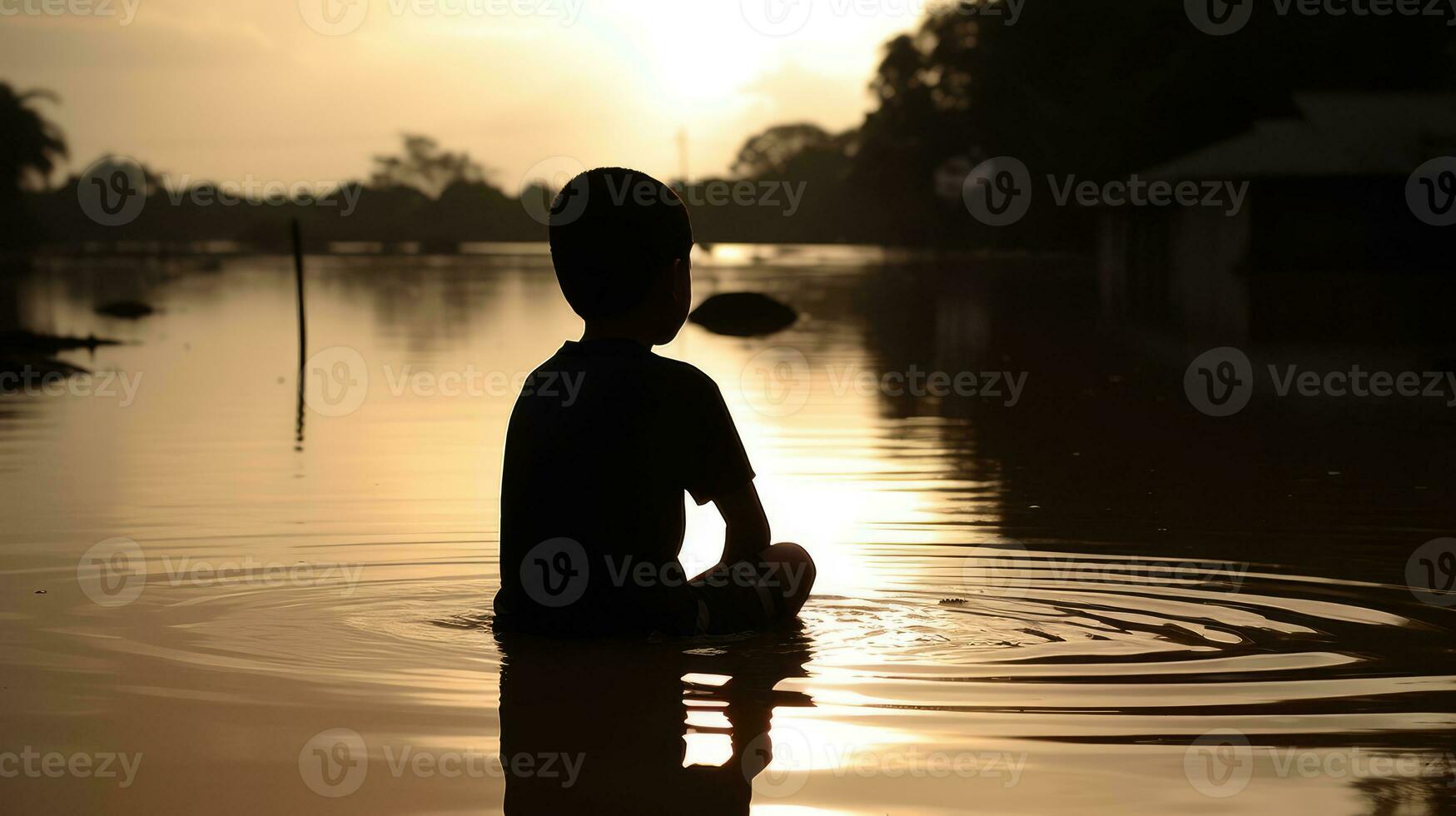 Silhouette of a kid that's watching his house going to underwater in flood. AI Generated photo
