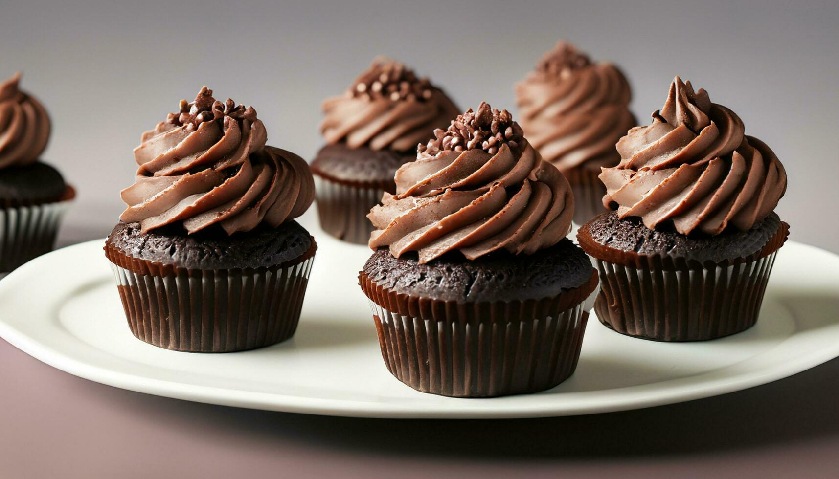 Chocolate cupcakes with chocolate frosting on plate, AI Generated photo