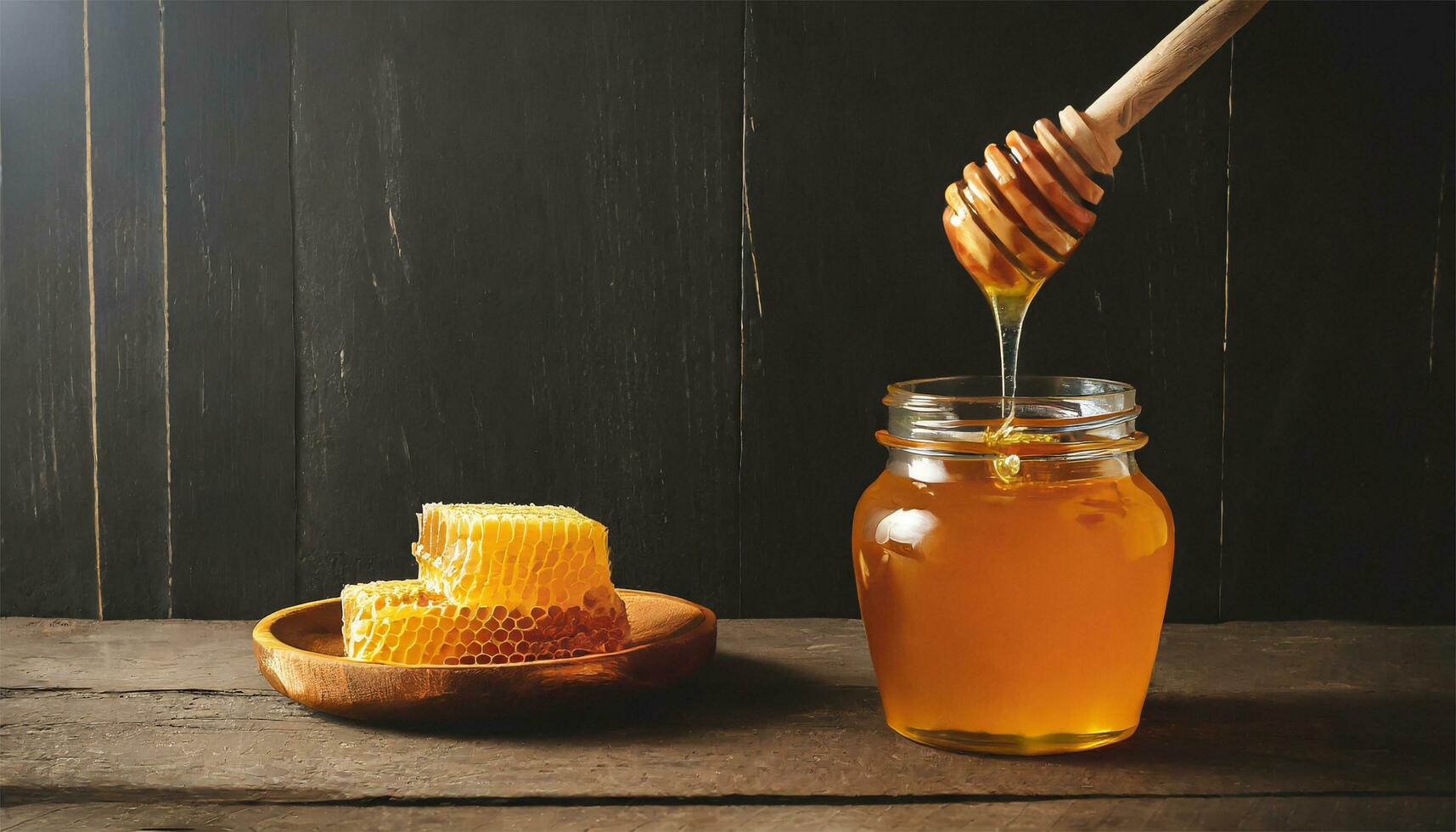Honey dripping from a dipper into a jar with honeycomb on a wooden background. AI Generated photo