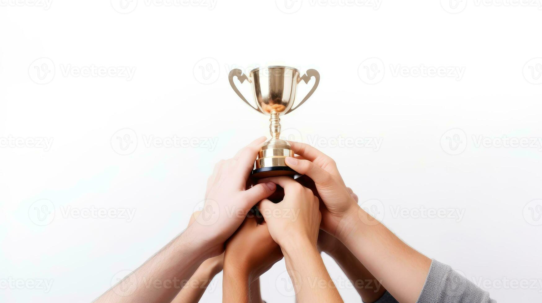 Hands of the winning team holding a golden trophy cup against white background. Concept of successful teamwork, unity, friendship, leadership, celebration. AI Generated photo