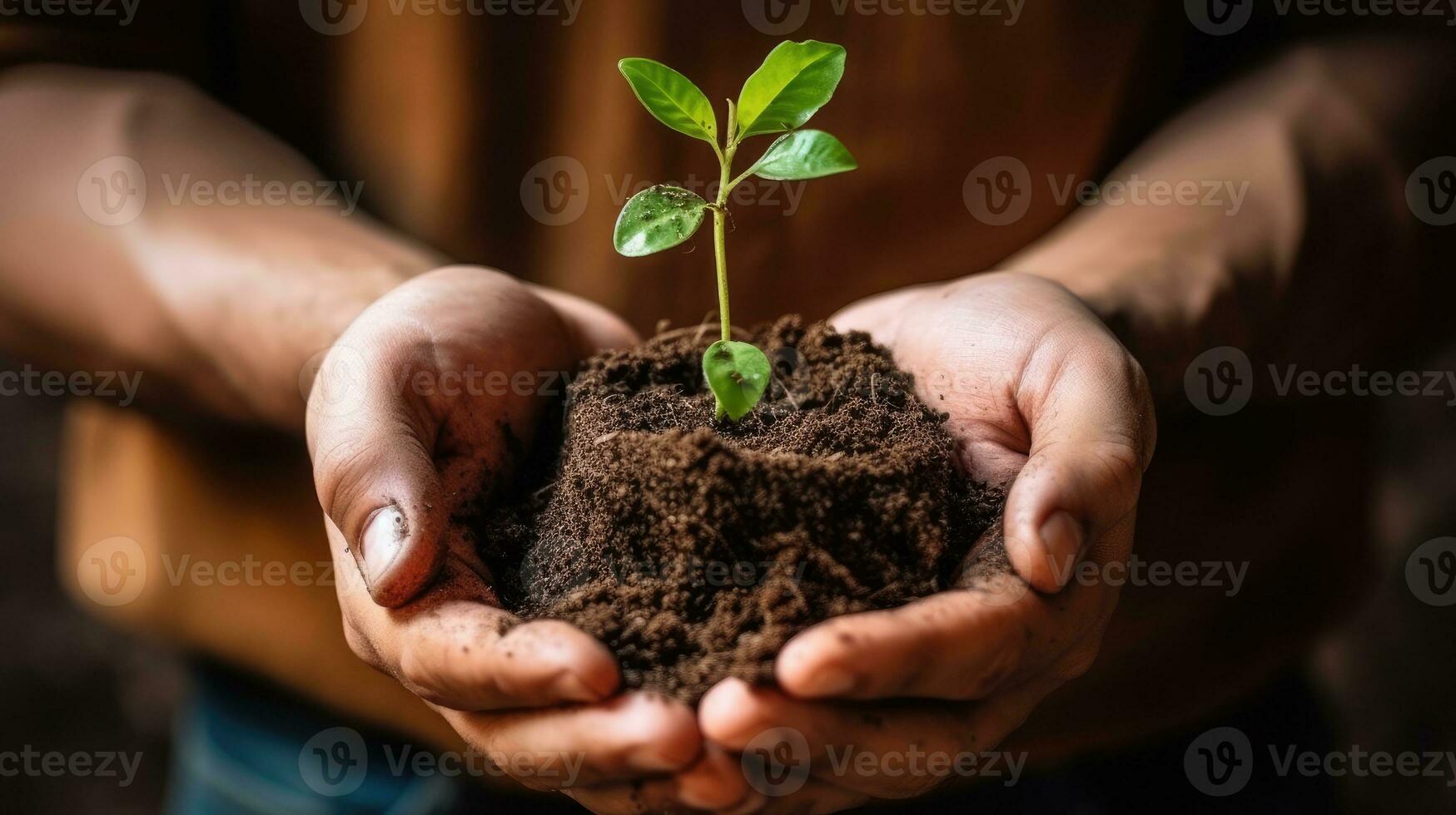 Closeup shot of a man holding a green plant in palm of his hand. Concept of save environment, tree planting, green eco-friendly nature, new beginnings of hope. AI Generated photo