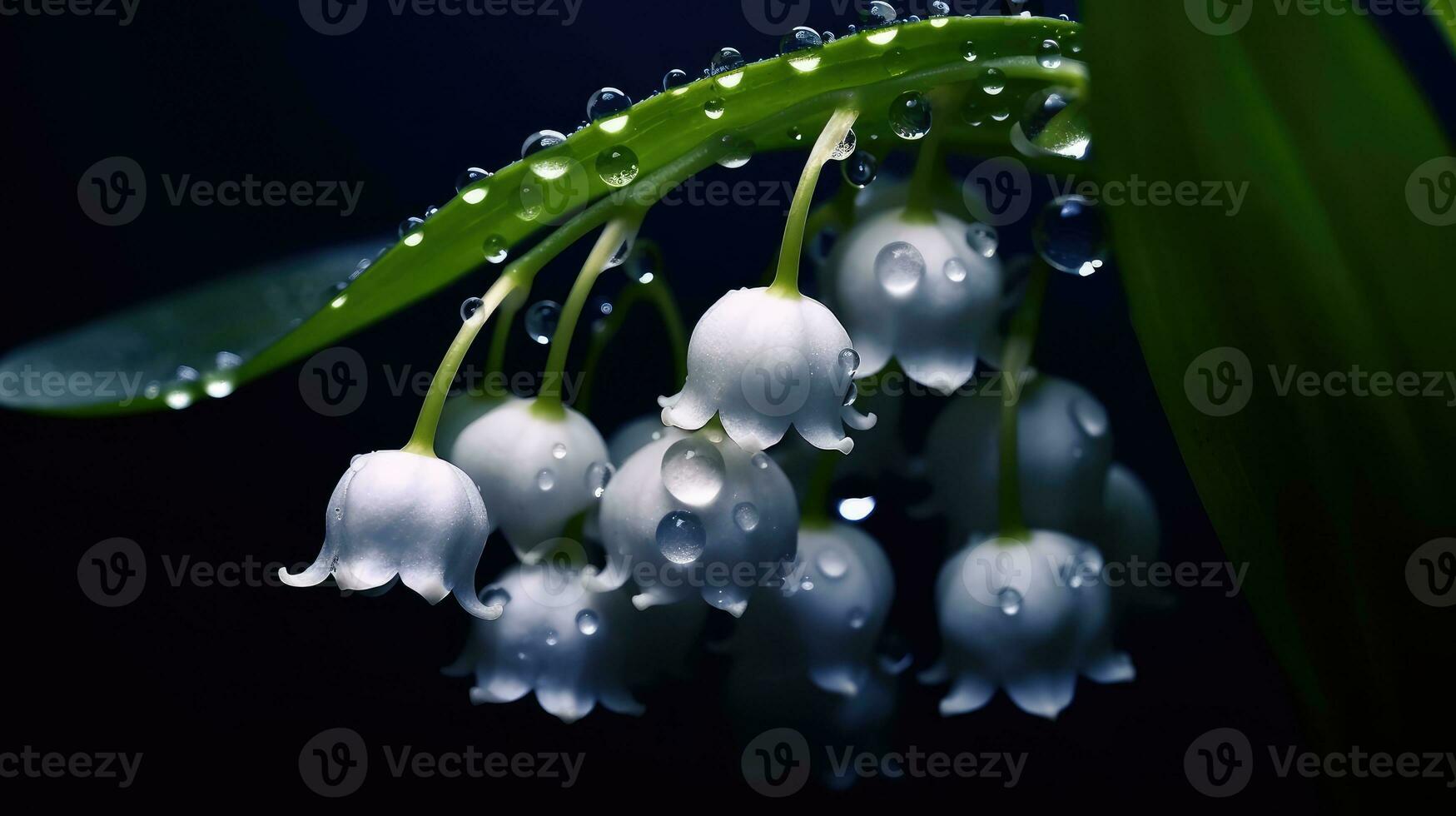 Lily of the valley flower with raindrops. White small flowers bloomed after rain, extreme closeup professional photography. AI Generated photo