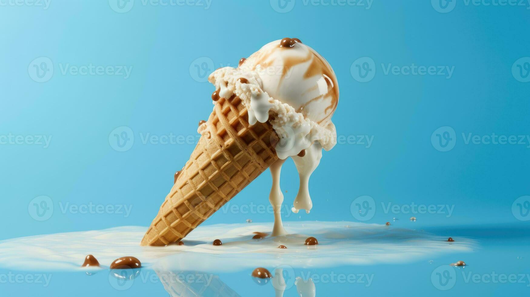 Melting waffle cone ice cream isolated on blue background. AI Generated photo