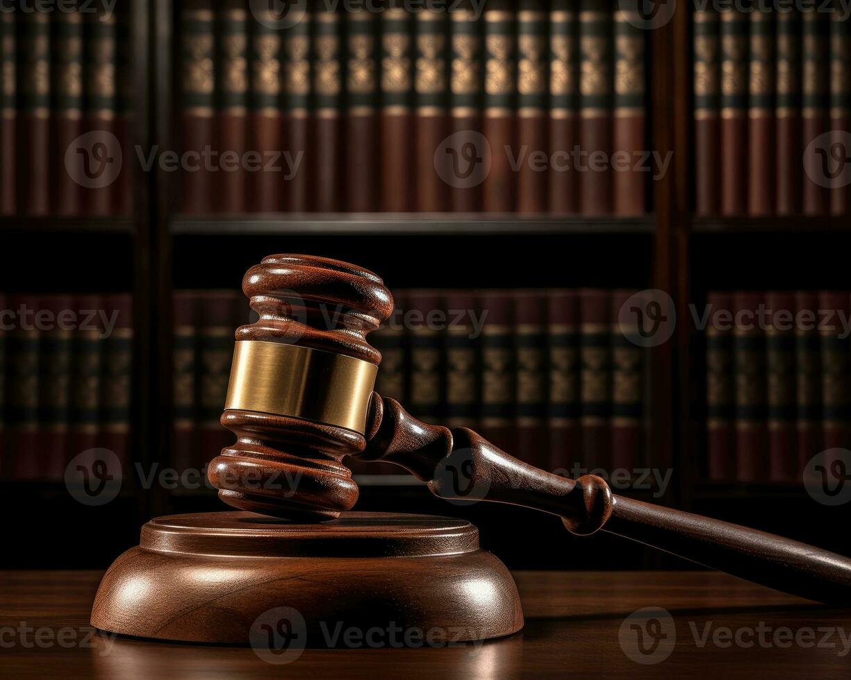 Wooden judge gavel and soundboard, the mallet of the judge on low light background. The hammer of Law and justice. AI Generated photo