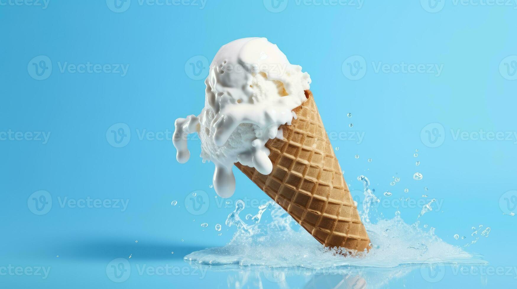 Melting waffle cone ice cream isolated on blue background. AI Generated photo