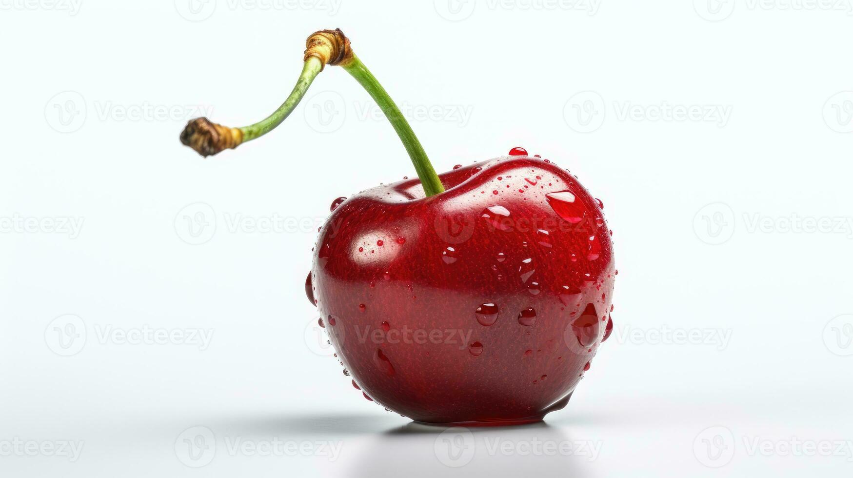 Fresh single ripe juicy cherry with water drop isolated on white background. AI Generated photo