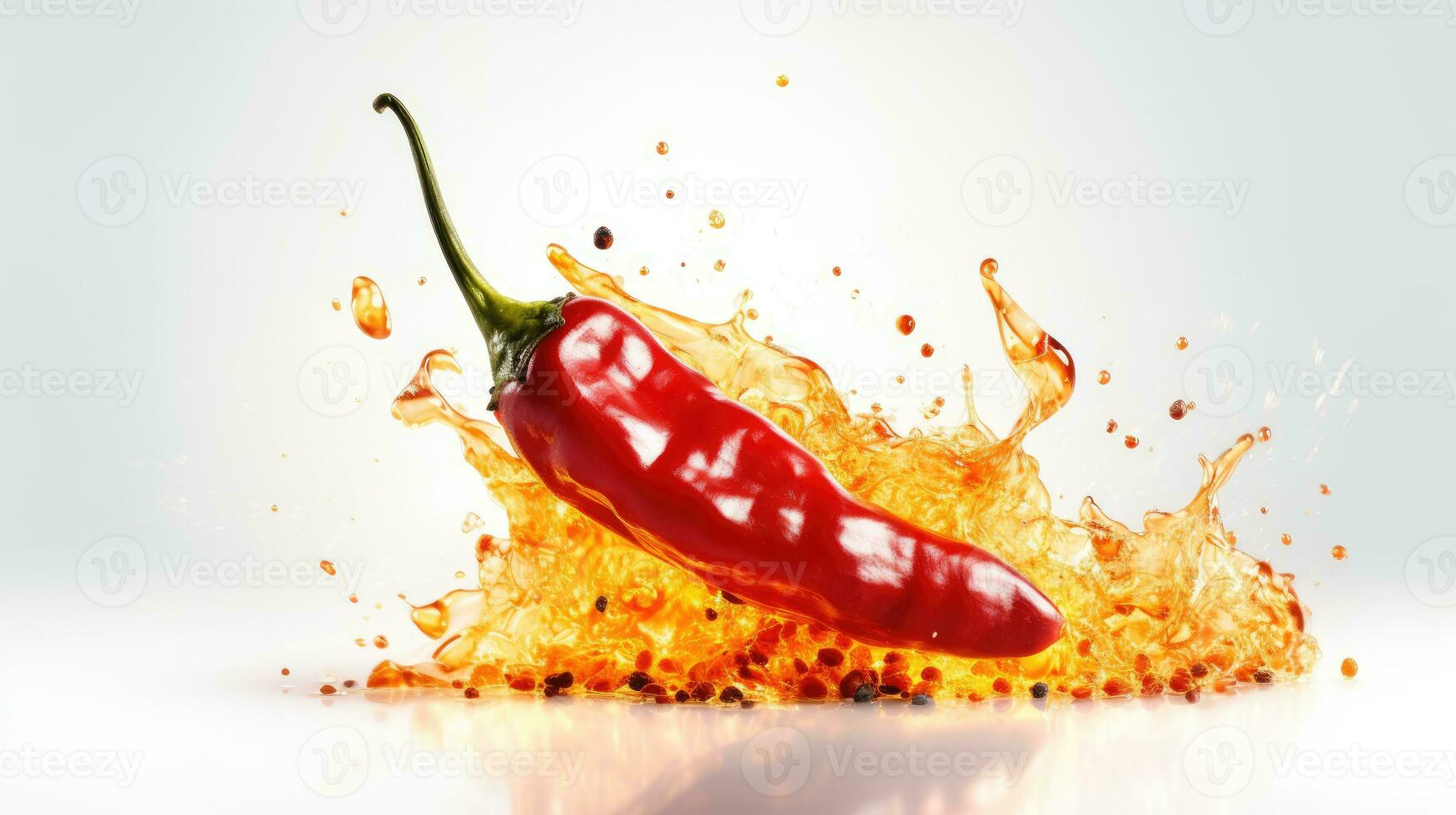 Red hot chili peppers in hot firing cooking oil with flame isolated on white background. AI Generated photo