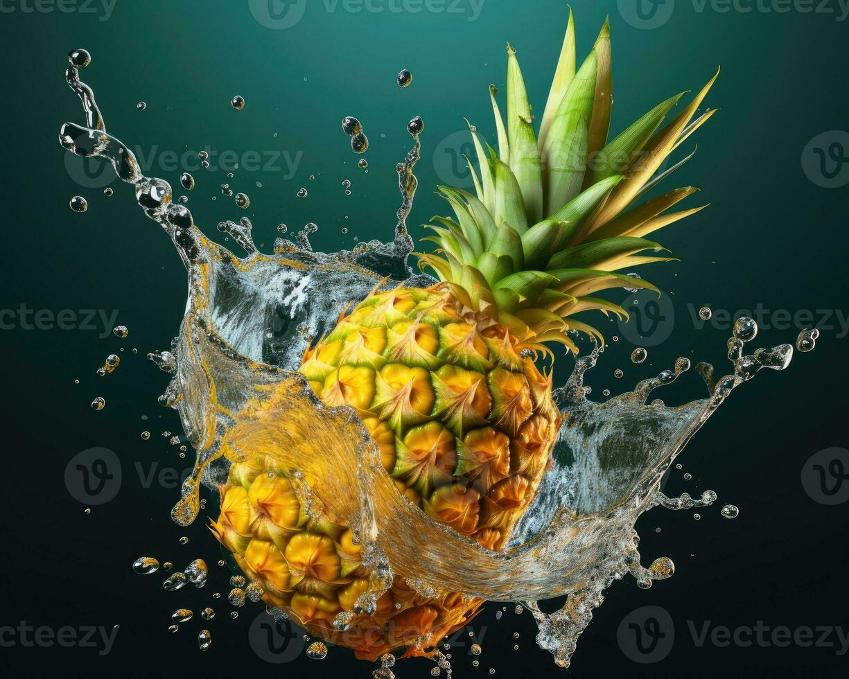 Fresh ripe pineapple fruit with water splash isolated on dark green background. Closeup of pineapple falling with water, product photography concept. AI Generated photo