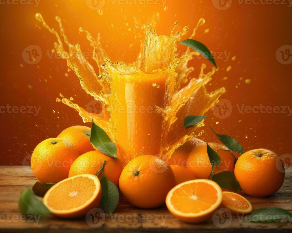Whole and slices of Orange fruit and juice glass with splash and drops flying falling isolated on yellow orange background. Healthy drink. AI Generated photo